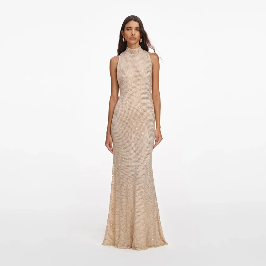Champagne Rhinestone Racer Back Maxi Dress Champagne Rhinestone Racer Back Maxi Dress