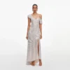 Champagne Rhinestone Ruffle Draped Maxi Dress