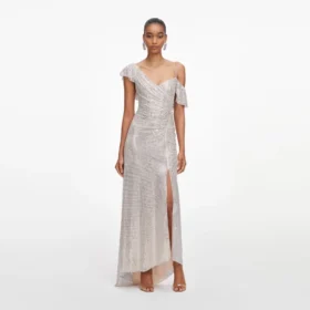 Champagne Rhinestone Ruffle Draped Maxi Dress