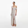 Champagne Rhinestone Ruffle Draped Maxi Dress