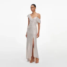 Champagne Rhinestone Ruffle Draped Maxi Dress