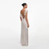 Champagne Rhinestone Ruffle Draped Maxi Dress