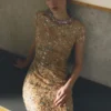 Champagne Sequin Embroidered Maxi Dress