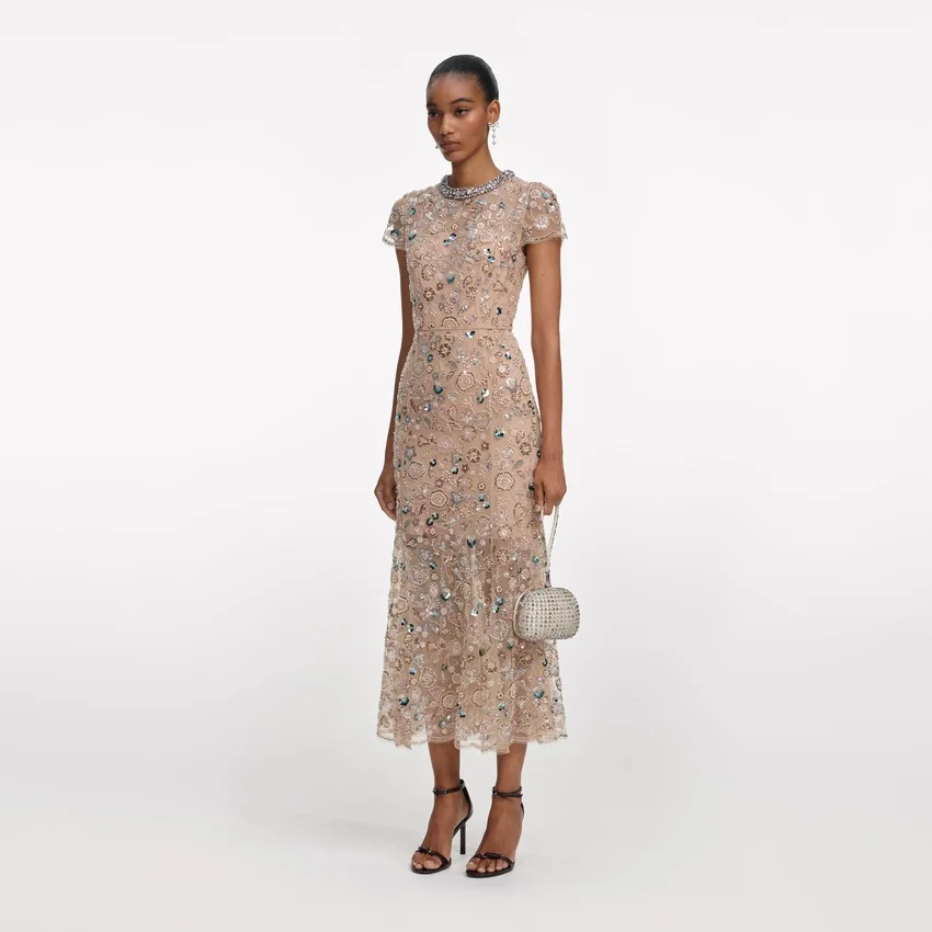 Champagne Sequin Embroidered Midi Dress Champagne Sequin Embroidered Midi Dress