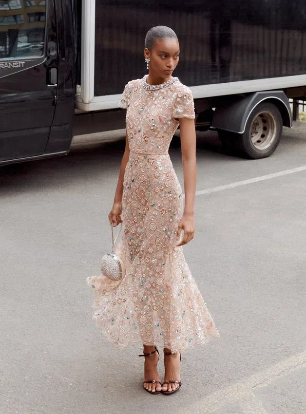 Champagne Sequin Embroidered Midi Dress Champagne Sequin Embroidered Midi Dress