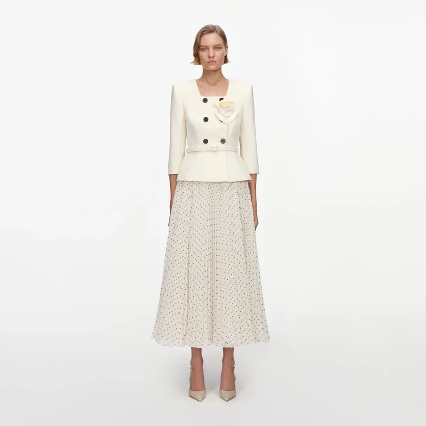 Cream 3D Flower Polka Dot Chiffon Midi Dress Cream 3D Flower Polka Dot Chiffon Midi Dress