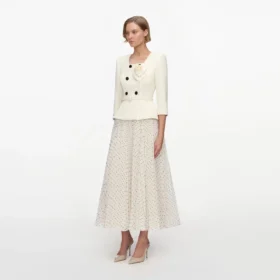 Cream 3D Flower Polka Dot Chiffon Midi Dress