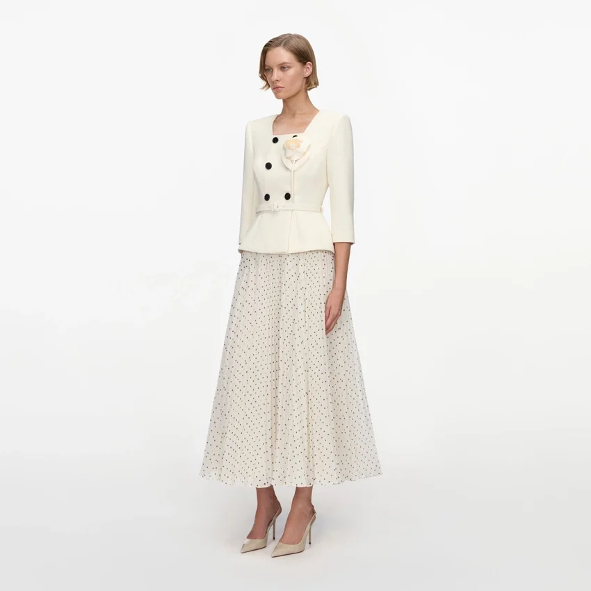 Cream 3D Flower Polka Dot Chiffon Midi Dress Cream 3D Flower Polka Dot Chiffon Midi Dress