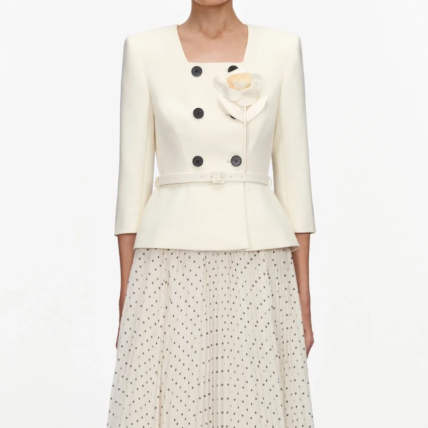 Cream 3D Flower Polka Dot Chiffon Midi Dress Cream 3D Flower Polka Dot Chiffon Midi Dress