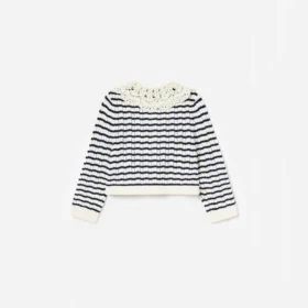 Cream And Navy Striped Knitted Cardigan