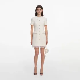 Cream Boucle Lace Trim Tailored Mini Dress