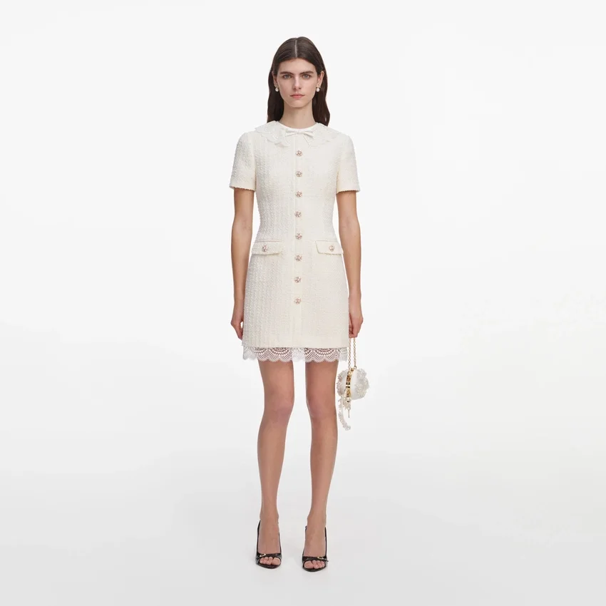 Cream Boucle Lace Trim Tailored Mini Dress Cream Boucle Lace Trim Tailored Mini Dress