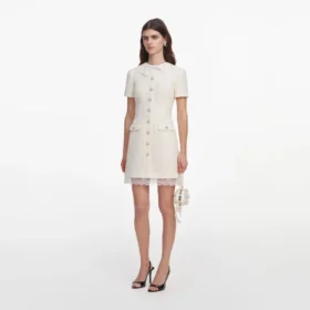 Cream Boucle Lace Trim Tailored Mini Dress