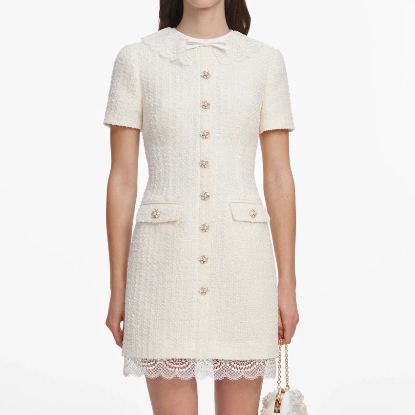 Cream Boucle Lace Trim Tailored Mini Dress Cream Boucle Lace Trim Tailored Mini Dress