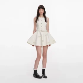 Cream Broderie Denim Sleeveless Mini Dress