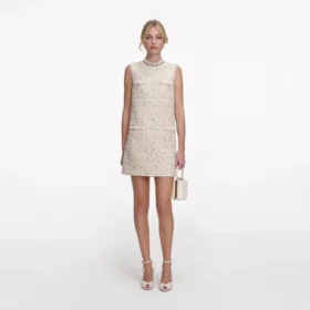 Cream Embellished Boucle Mini Dress