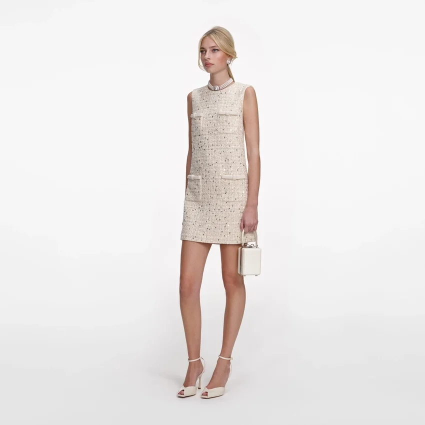 Cream Embellished Boucle Mini Dress Cream Embellished Boucle Mini Dress