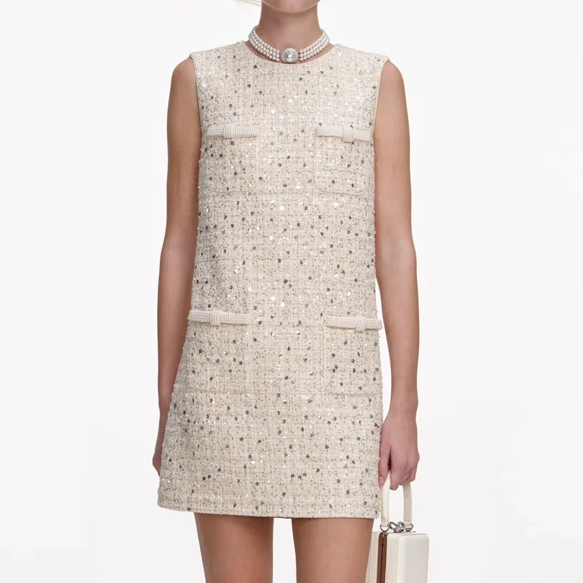 Cream Embellished Boucle Mini Dress Cream Embellished Boucle Mini Dress