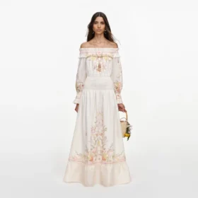 Cream Floral Organza Ruffle Maxi Dress