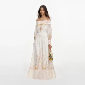 Cream Floral Organza Ruffle Maxi Dress