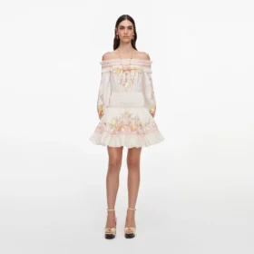 Cream Floral Organza Ruffle Mini Dress