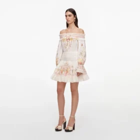 Cream Floral Organza Ruffle Mini Dress