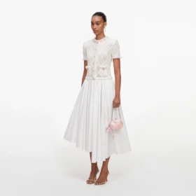 Cream Fringe Knit Cotton Midi Dress