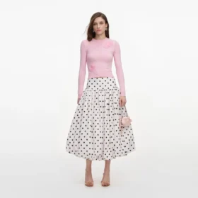 Cream Polka Dot Taffeta Midi Skirt