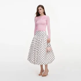 Cream Polka Dot Taffeta Midi Skirt
