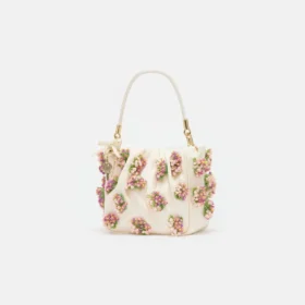 Cream Satin Floral Beaded Tote Bag