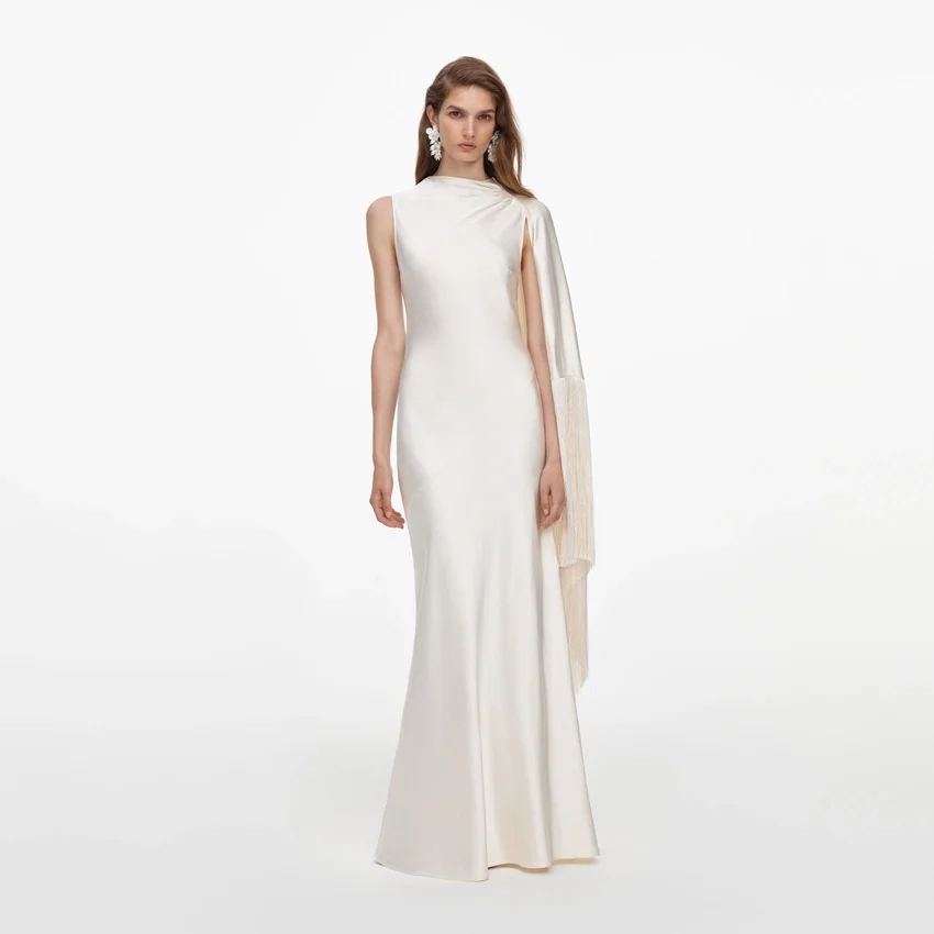 Cream Satin Fringed Maxi Dress Cream Satin Fringed Maxi Dress