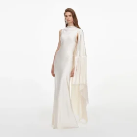 Cream Satin Fringed Maxi Dress