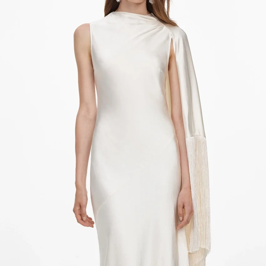 Cream Satin Fringed Maxi Dress Cream Satin Fringed Maxi Dress