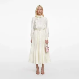 Cream Satin Jacquard Midi Dress