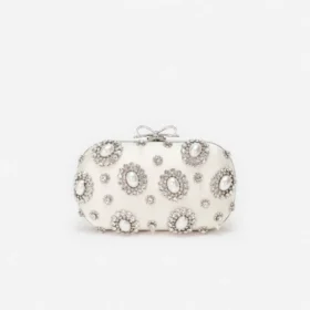 Cream Satin Multi Crystal Clutch Bag