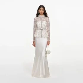 Cream Sequin Embellished Satin Maxi Dress