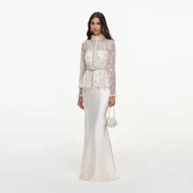 Cream Sequin Embellished Satin Maxi Dress