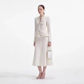 Cream Sequin Knit Tailored Midi Dress