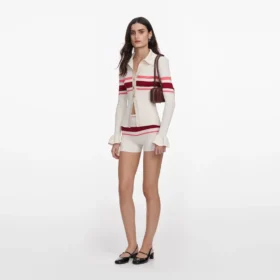 Cream Stripe Viscose Knit Button Top