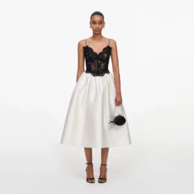 Cream Taffeta Contrast Lace Midi Dress