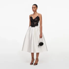 Cream Taffeta Contrast Lace Midi Dress