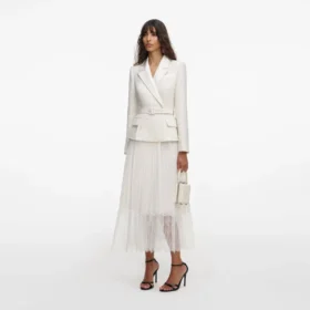 Cream Tailored Bouclé And Chiffon Midi Dress