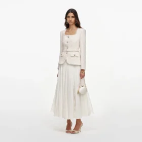 Cream Tailored Boucle And Chiffon Midi Dress