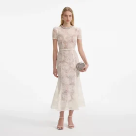 Cream Tulle Lace Midi Dress