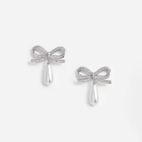 Crystal Bow Pearl Droplet Earrings