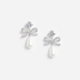 Crystal Bow Pearl Tiered Earrings
