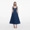 Denim Flared Belted Midi Dress