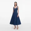 Denim Flared Belted Midi Dress