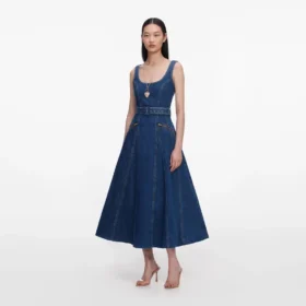 Denim Flared Belted Midi Dress