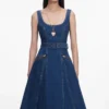 Denim Flared Belted Midi Dress